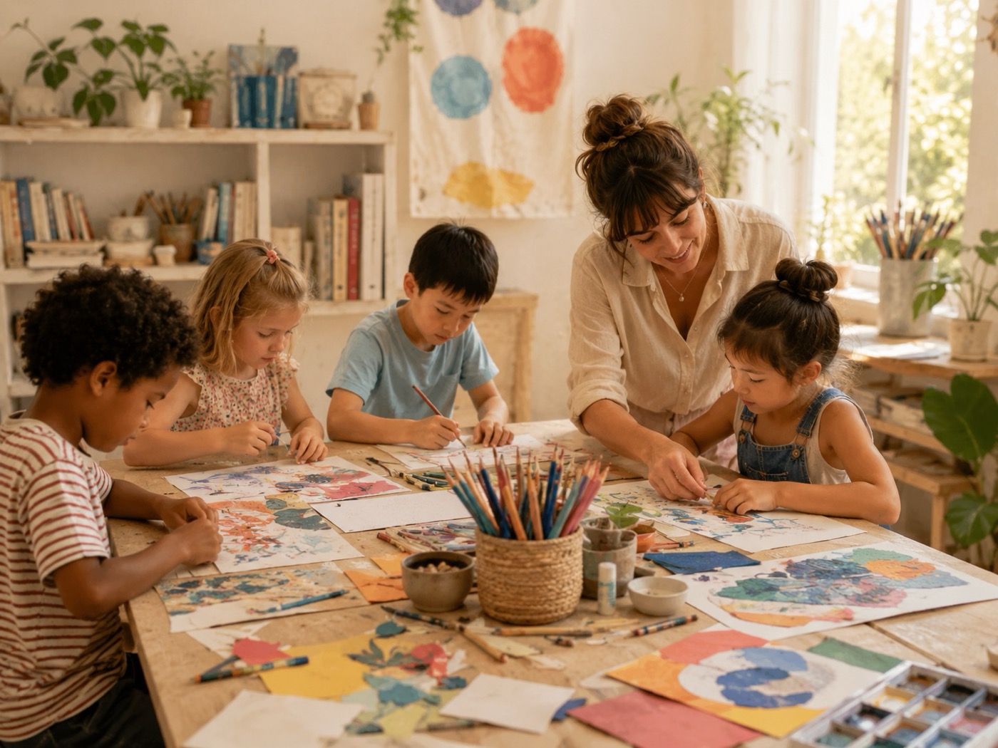 Children painting watercolor pieces around a studio table