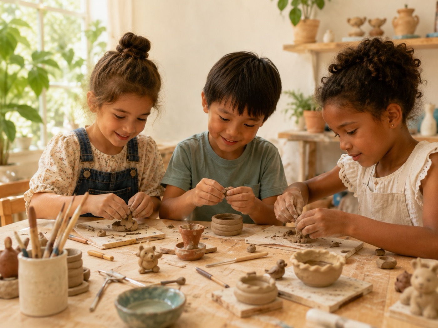Children shaping small clay sculptures at a table